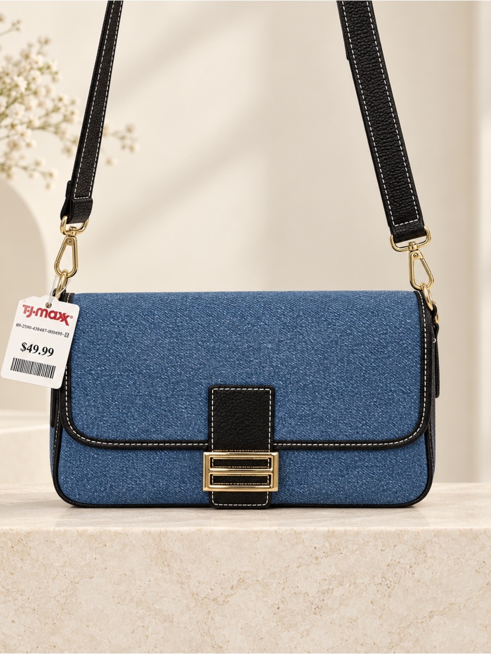 Divina Firenze Denim Blue Shoulder Bag with Black Trim and Gold Accent